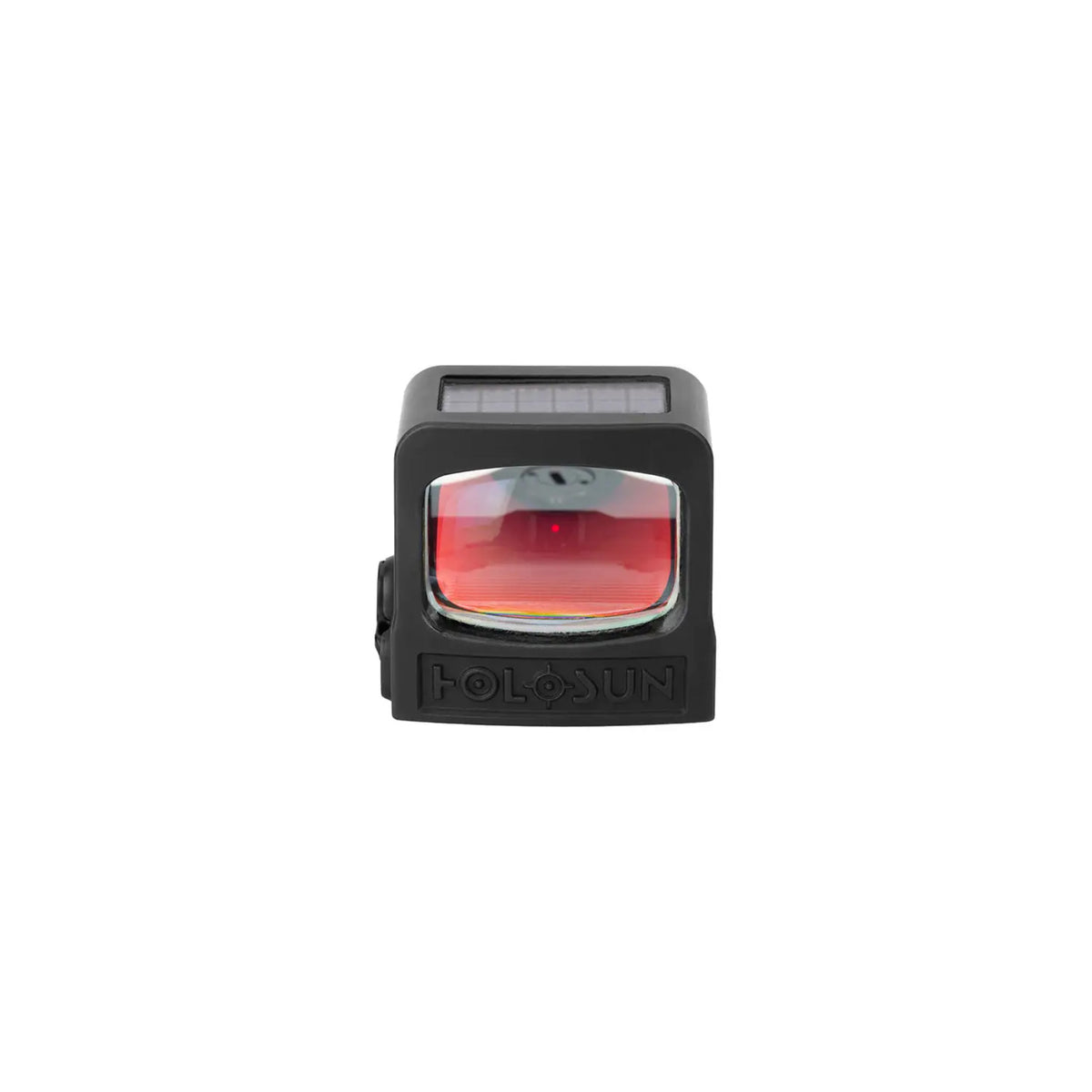 Holosun HE508T-RD X2 red dot sight front view showing the window with red lens coating