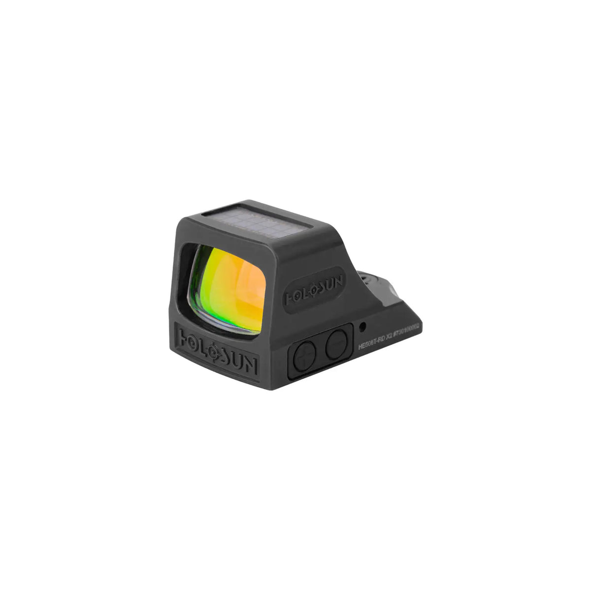 Holosun HE508T-RD X2 red dot sight front three-quarter view from the right showing the green-tinted lens