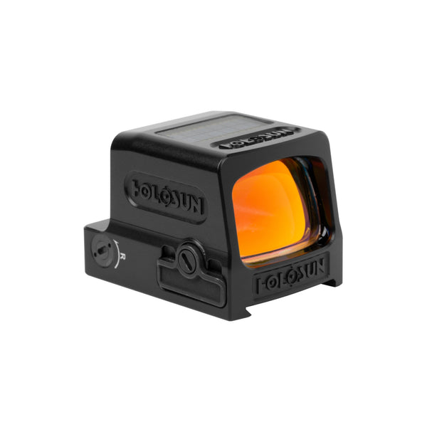 Holosun HE509T X2 gold dot sight front three-quarter view showing the lens coating