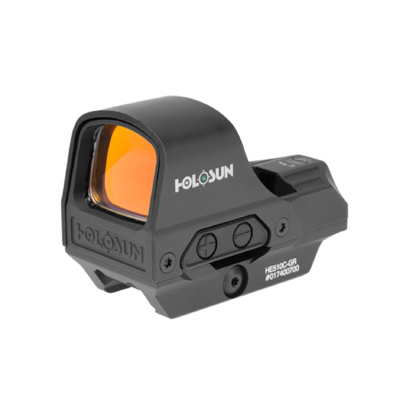 Holosun HE510C-GR green dot sight front three-quarter view showing the open-frame window and orange lens