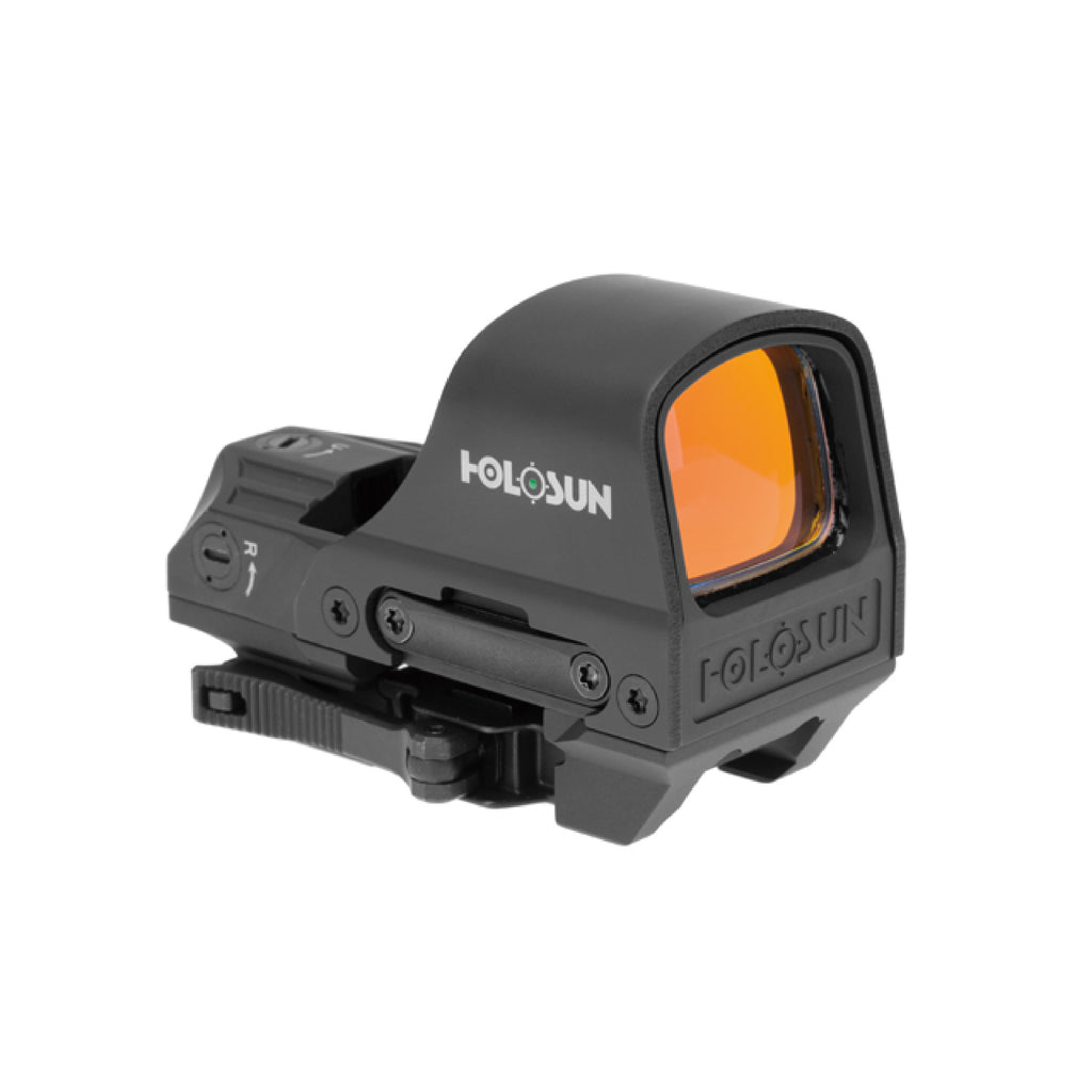 Holosun HE510C-GR green dot sight front three-quarter view from the left on its QD Picatinny mount