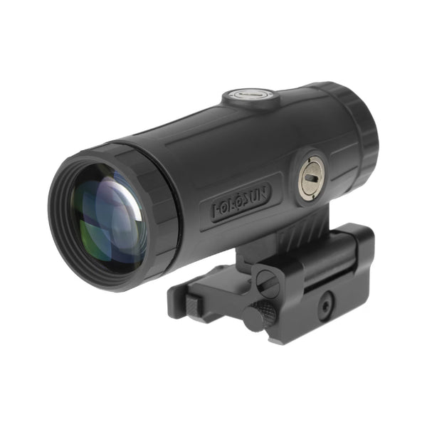 Holosun HM3X 3x magnifier front three-quarter view showing the objective lens on its QD mount
