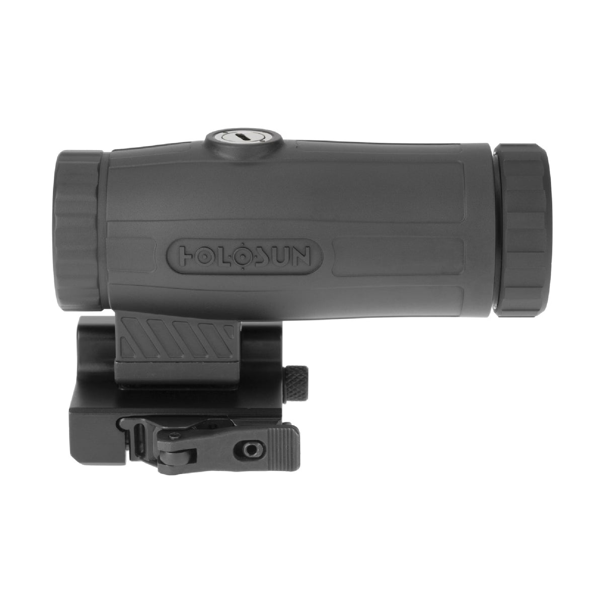 Holosun HM3X 3x magnifier side view on its QD flip-to-side mount on a white background