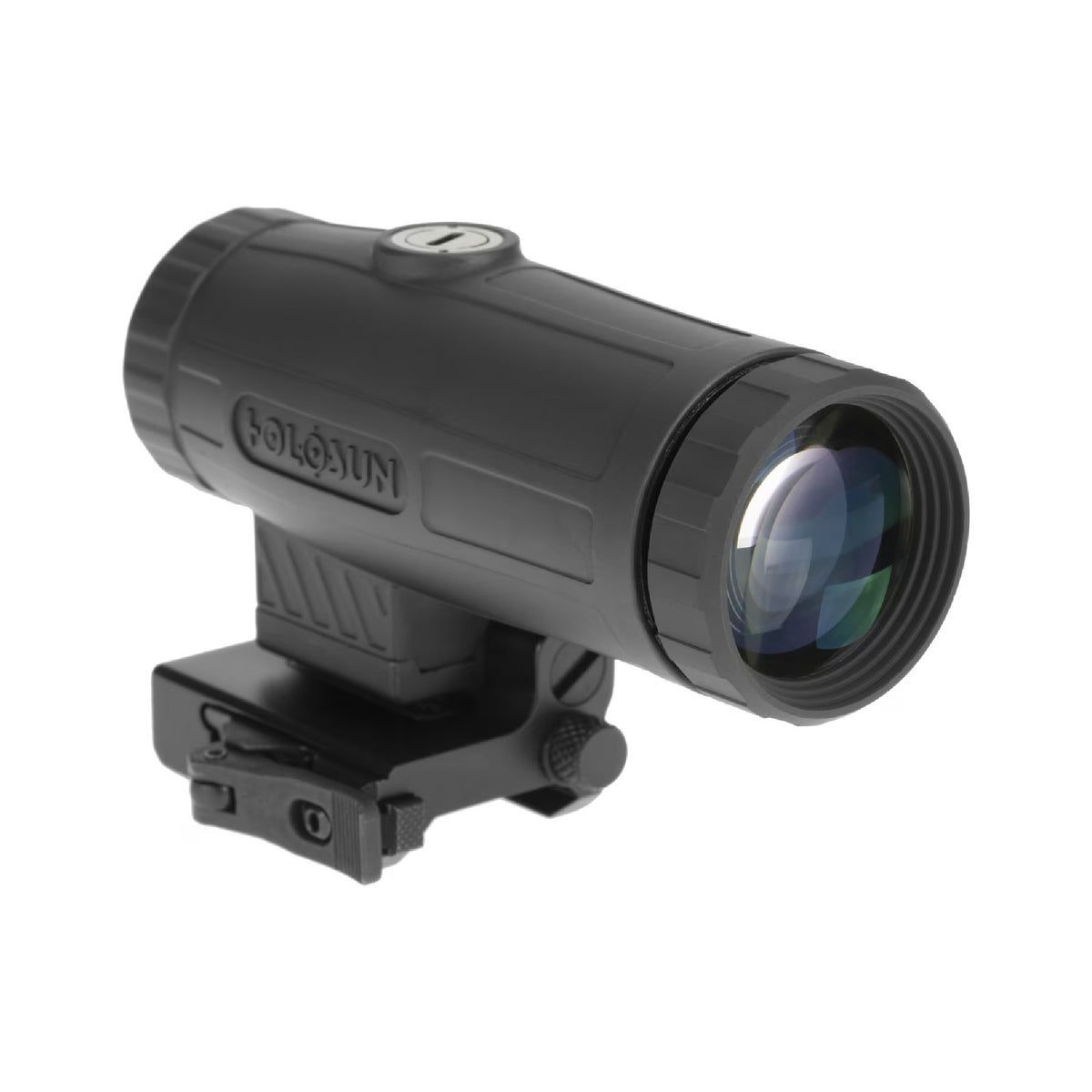 Holosun HM3X 3x magnifier front three-quarter view from the right on its flip-to-side mount