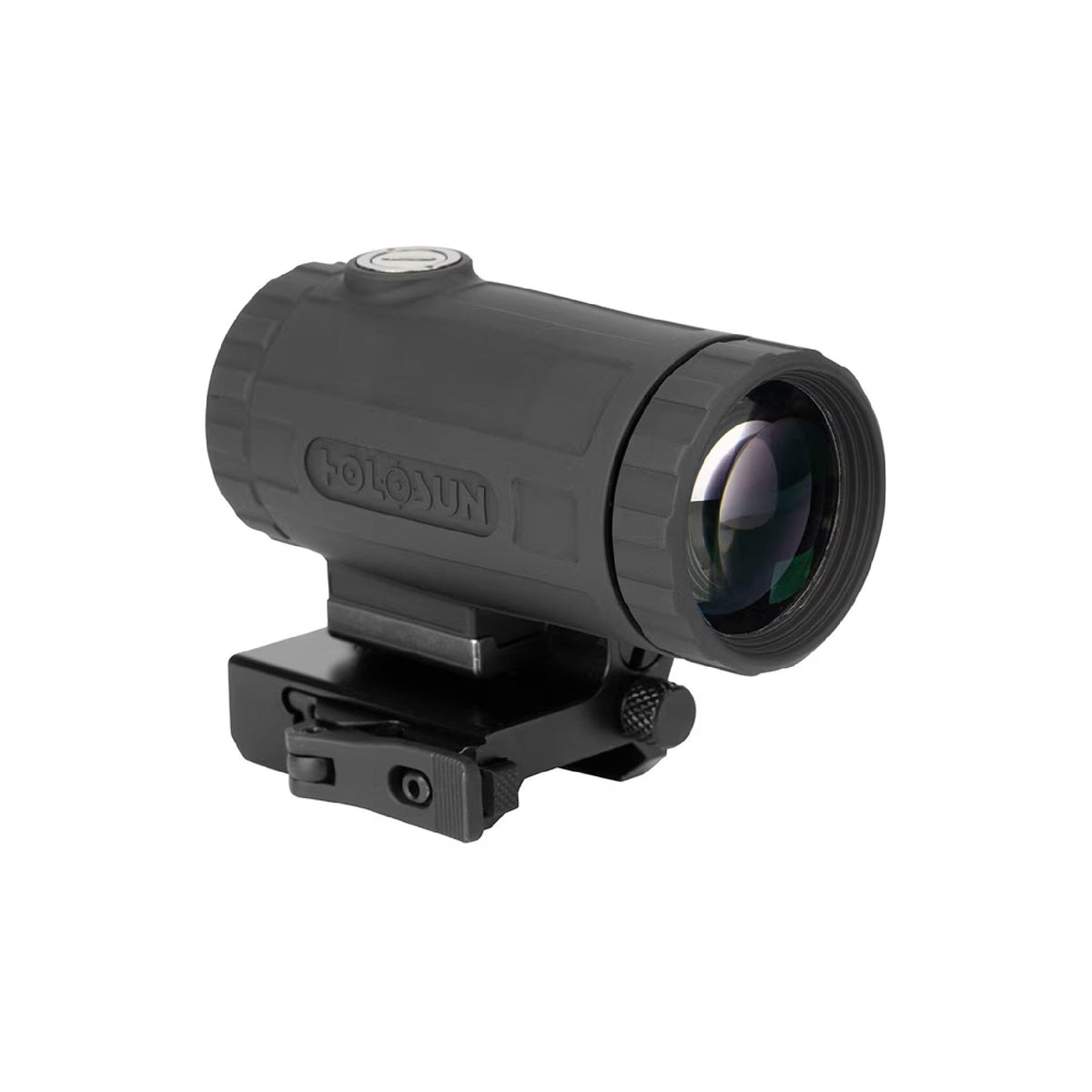 Holosun HM3XT 3x magnifier side view on its QD flip-to-side mount on a white background
