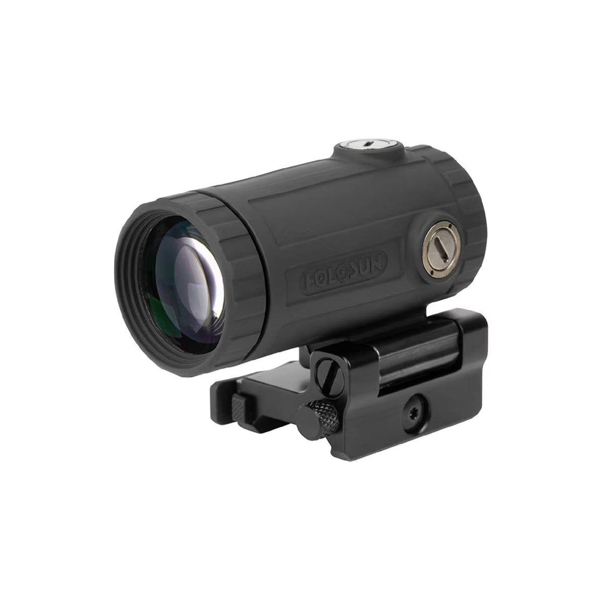 Holosun HM3XT 3x magnifier front three-quarter view showing the objective lens on its QD mount