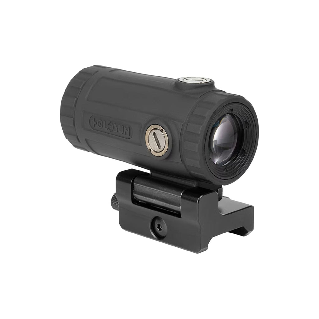 Holosun HM3XT 3x magnifier front three-quarter view from the right on its flip-to-side mount