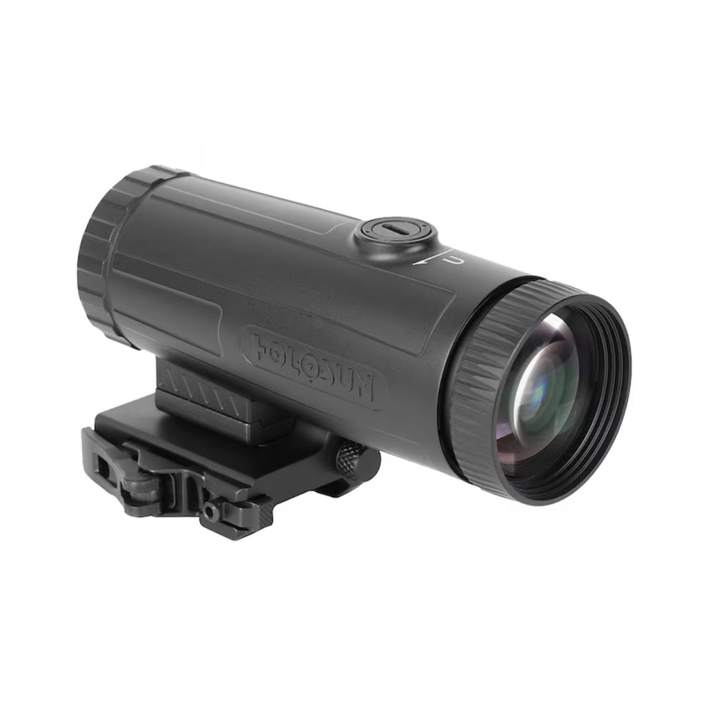 Holosun HM6X 6x magnifier front three-quarter view showing the objective lens on its QD mount