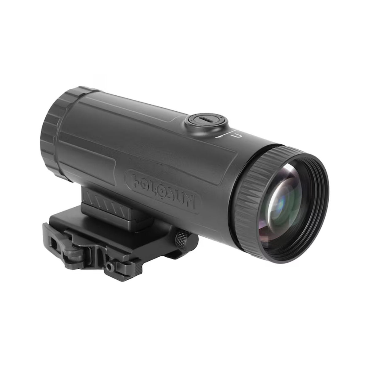 Holosun HM6X 6x magnifier front three-quarter view showing the objective lens on its QD mount