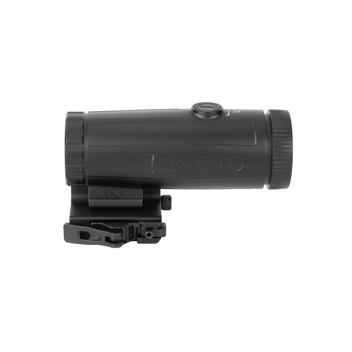 Holosun HM6X 6x magnifier side view on its QD flip-to-side mount on a white background