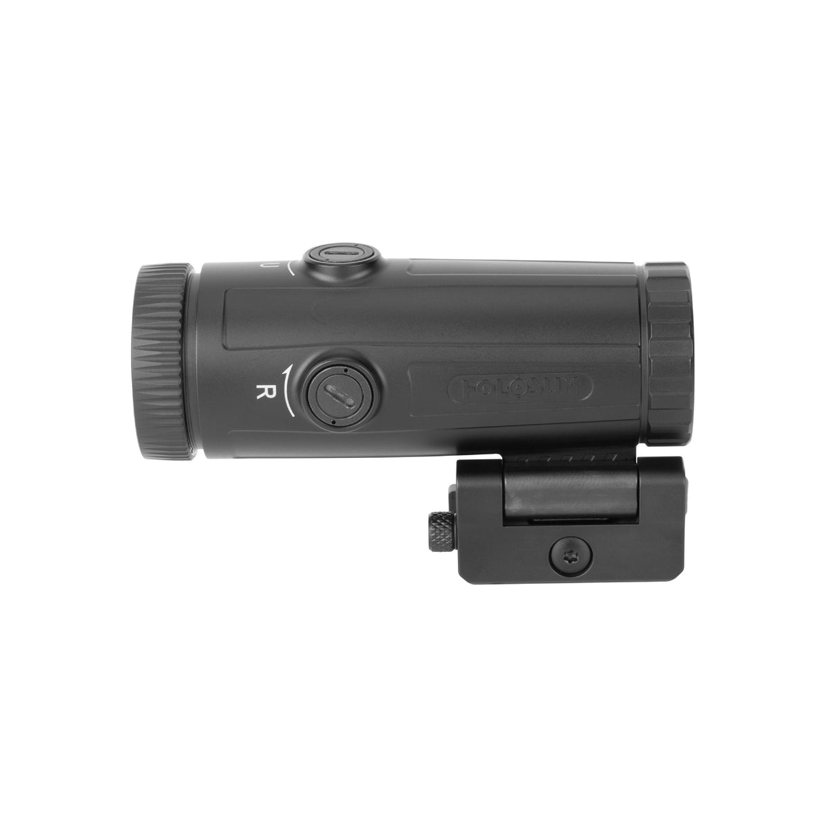 Holosun HM6X 6x magnifier side view from the right showing the mount lever and housing