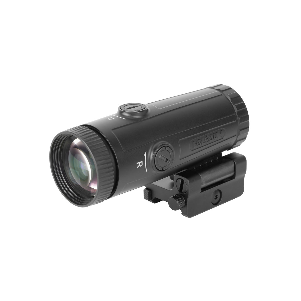 Holosun HM6X 6x magnifier front three-quarter view from the right showing the lens and mount