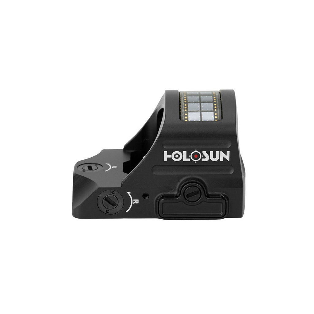 Holosun HS407C X2 red dot sight rear three-quarter view showing the brightness buttons and solar panel