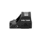 Holosun HS407C X2 red dot sight rear three-quarter view showing the brightness buttons and solar panel