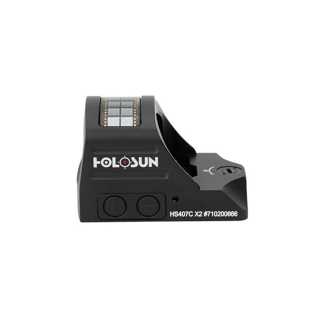 Holosun HS407C X2 red dot sight side view showing the controls and solar panel on a white background