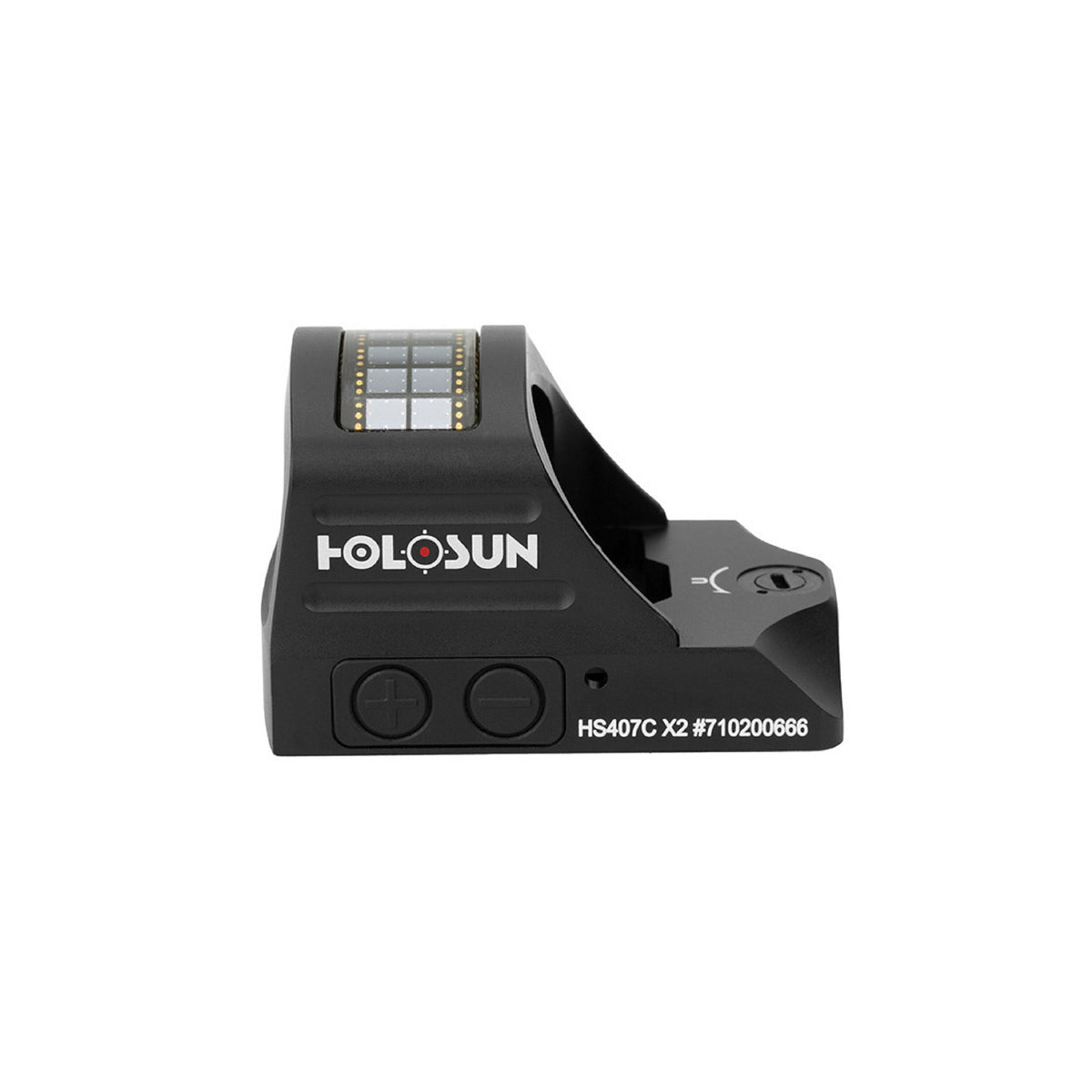Holosun HS407C X2 red dot sight side view showing the controls and solar panel on a white background