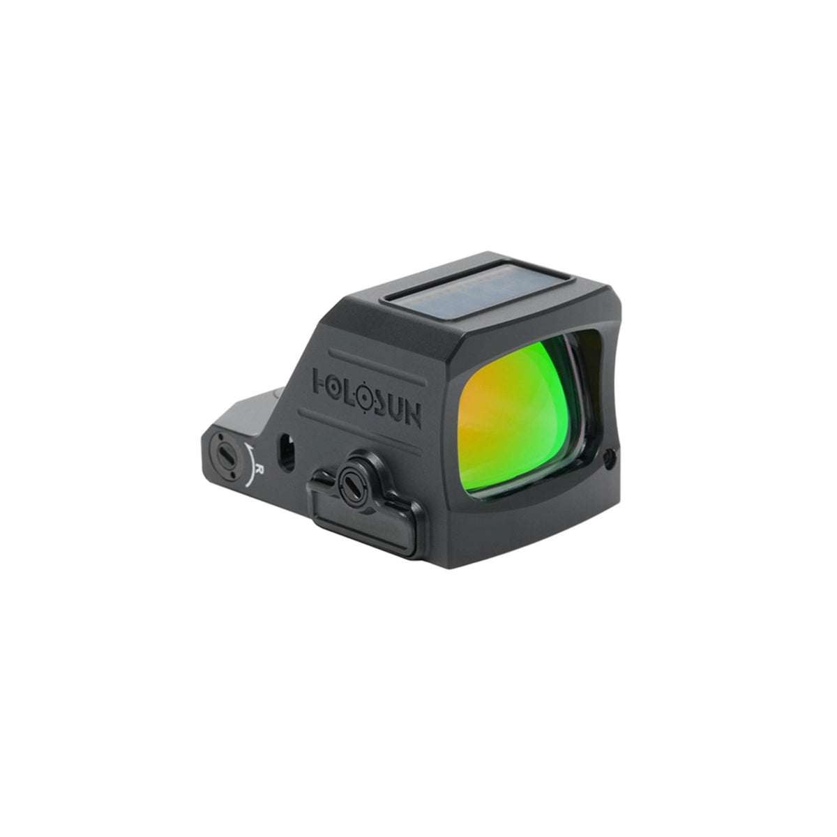 Holosun HS407C X3 gold dot sight front three-quarter view showing the window with green lens tint