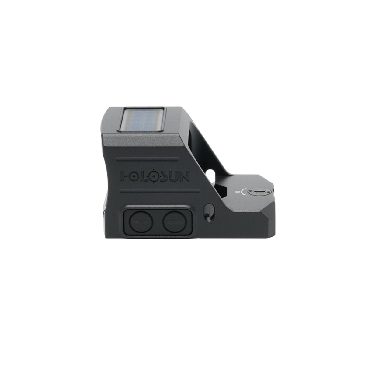 Holosun HS407C X3 gold dot sight rear three-quarter view showing the brightness buttons and solar panel
