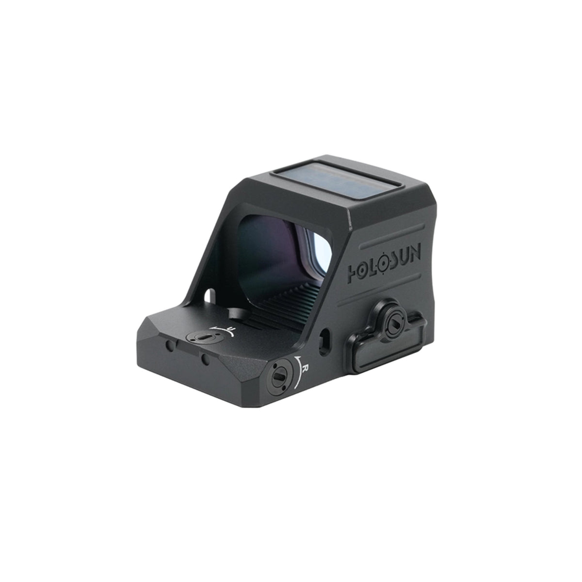 Holosun HS407C X3 gold dot sight front three-quarter view from the right showing the housing and window