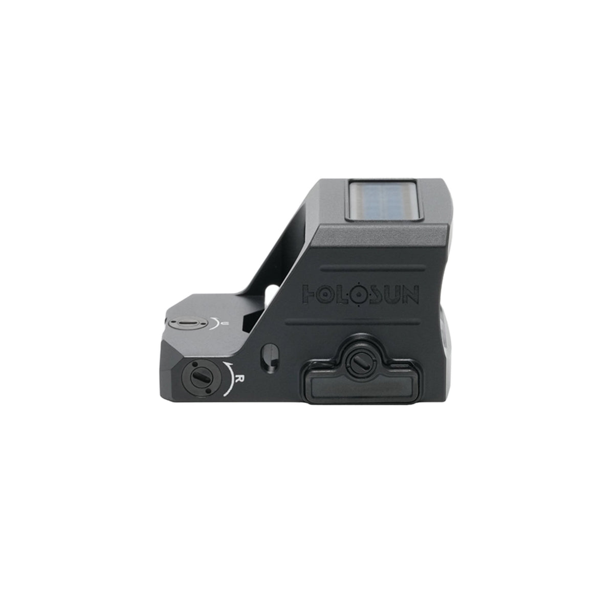 Holosun HS407C X3 red dot sight side view from the right showing the controls and adjustment turret