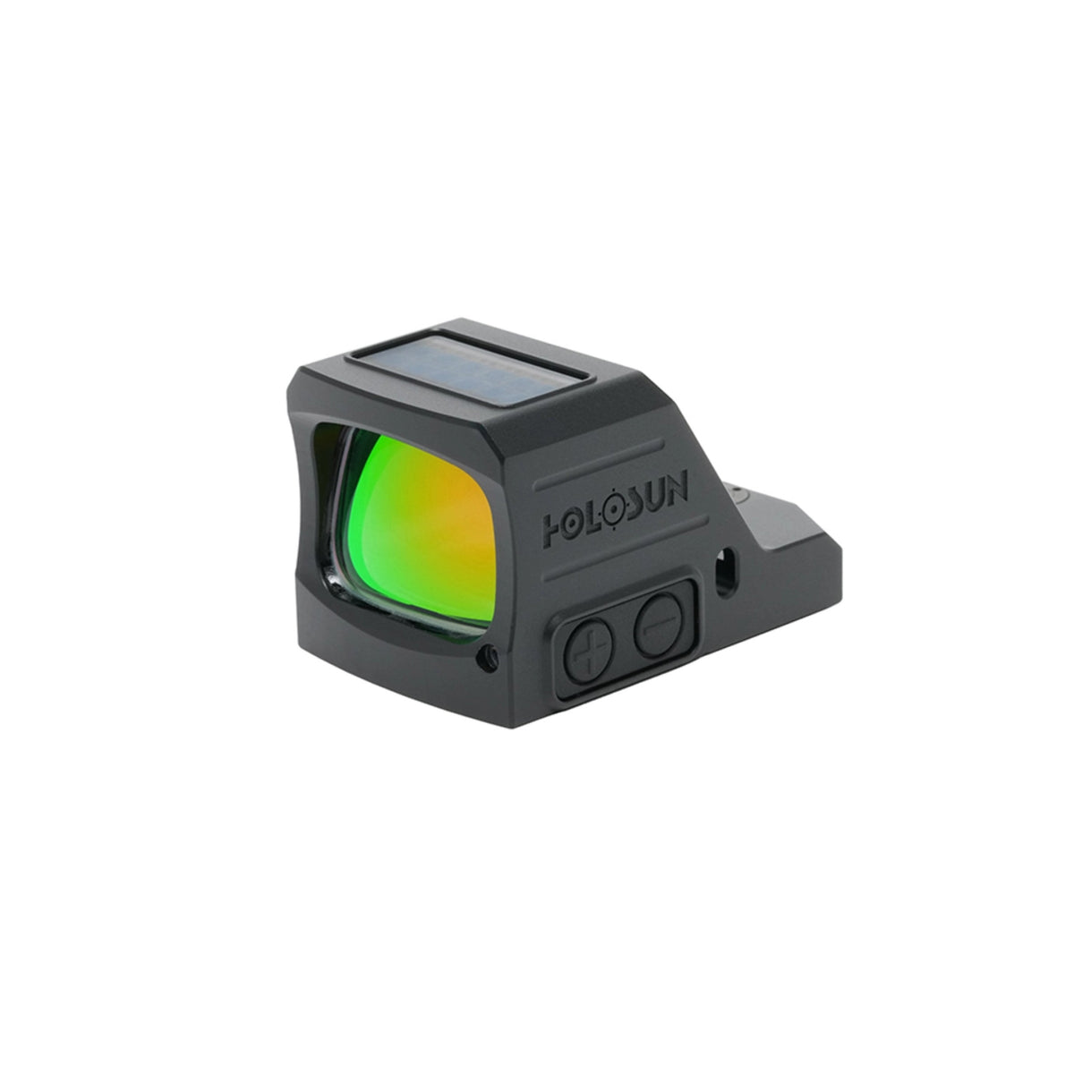 Holosun HS407C X3 red dot sight front three-quarter view from the right showing the green-tinted lens