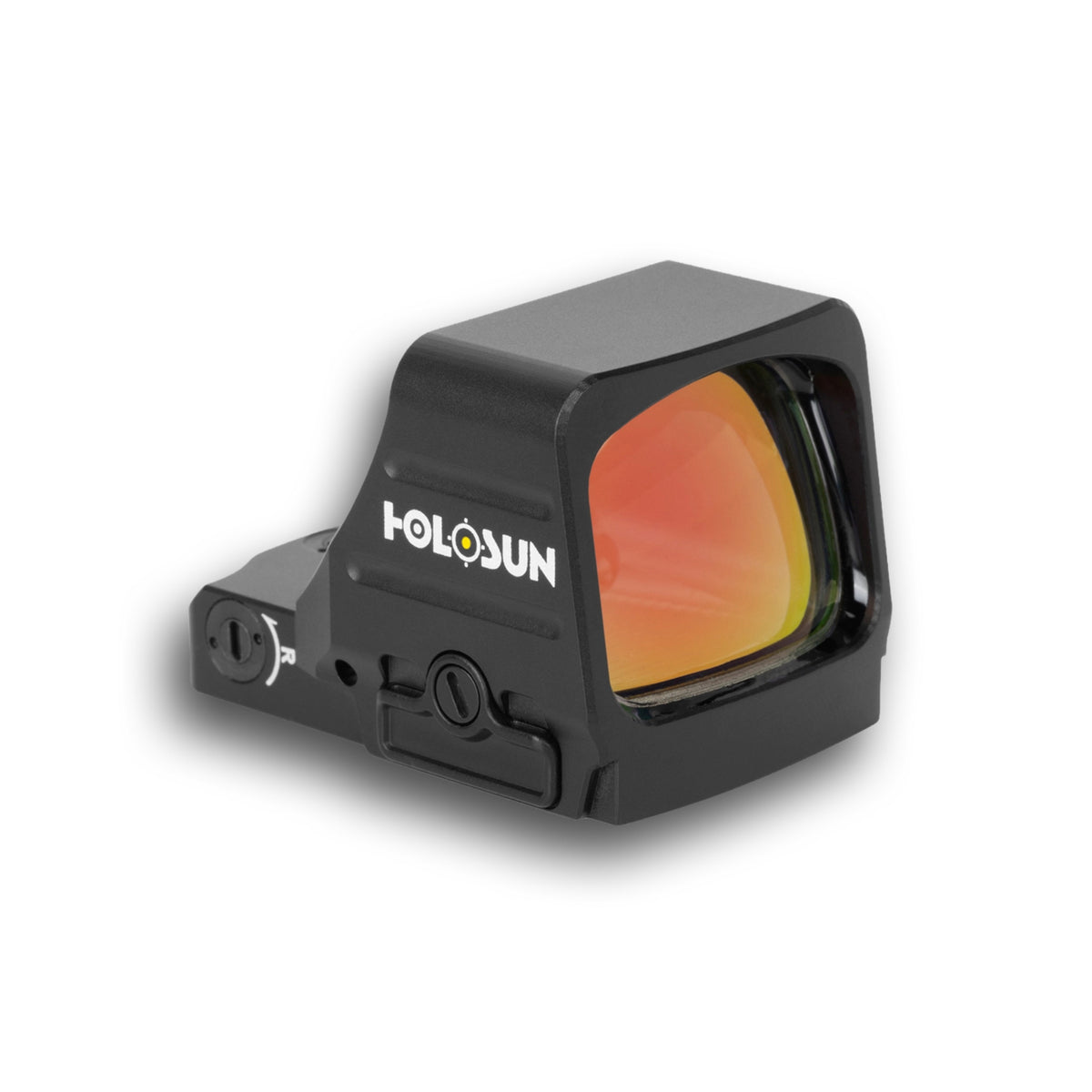 Holosun HS407COMP gold dot sight front three-quarter view showing the large window and orange lens