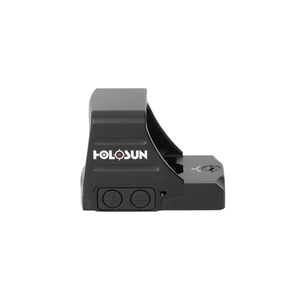 Holosun HS407COMP red dot sight side view showing the brightness buttons