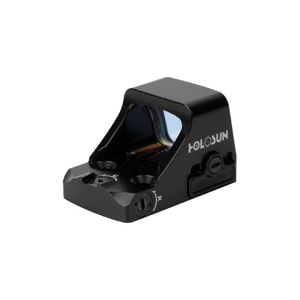 Holosun HS407K X2 red dot sight rear three-quarter view showing the brightness buttons and rear of window