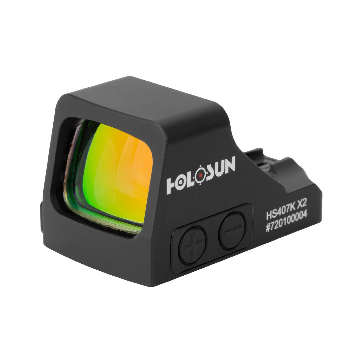 Holosun HS407K X2 red dot sight front three-quarter view from the right showing the multi-coated lens
