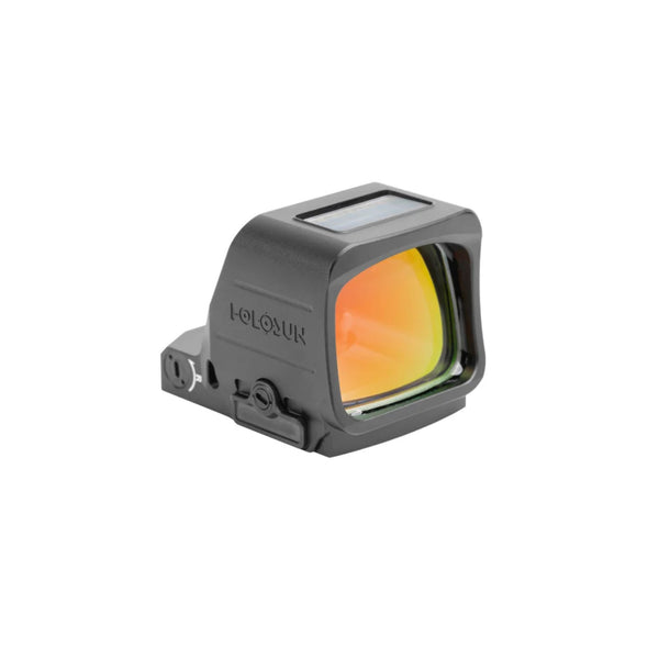 Holosun HS507 PROMAX gold dot sight front three-quarter view showing the window, orange lens and solar panel