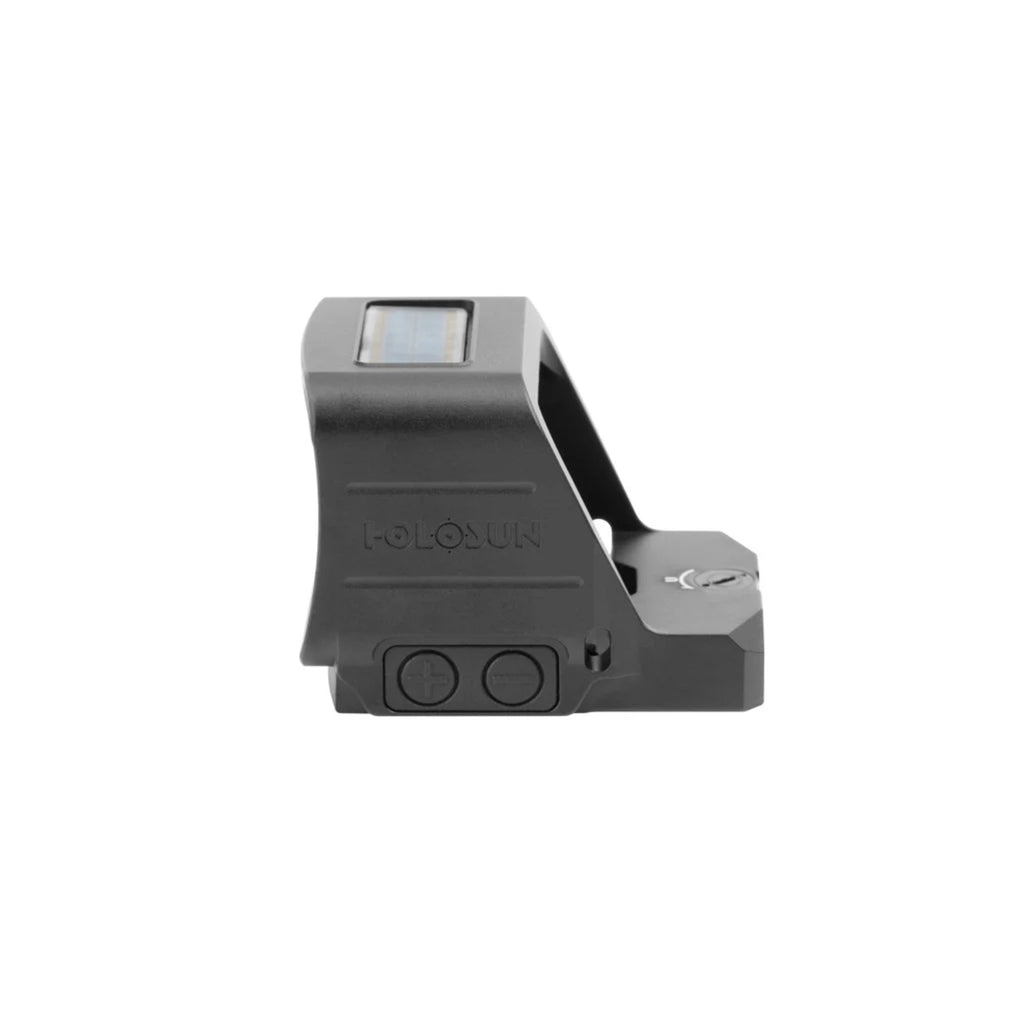 Holosun HS507-PROMAX red dot sight side view showing the brightness buttons
