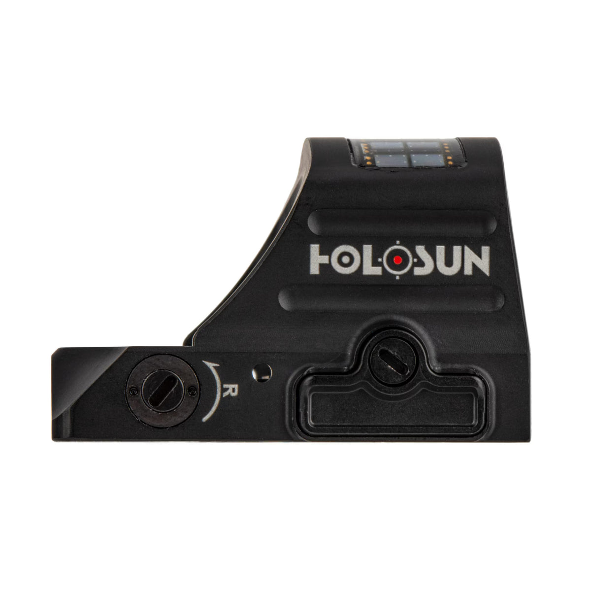 Holosun HS507C X2 ACSS Vulcan red dot sight side view close up showing the Holosun logo and housing