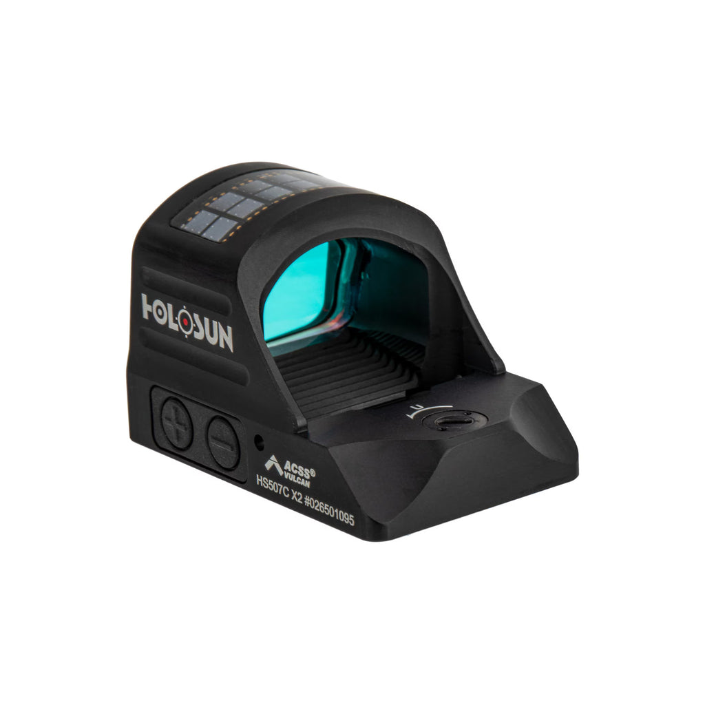 Holosun HS507C X2 ACSS Vulcan red dot sight front three-quarter view showing the window with blue lens tint