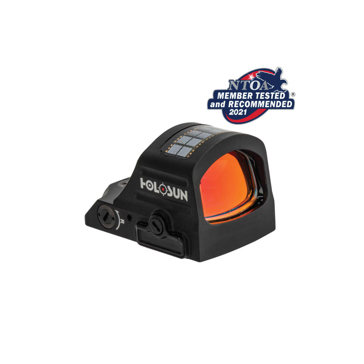 Holosun HS507C X2 ACSS Vulcan red dot sight front three-quarter view from the right showing the orange lens