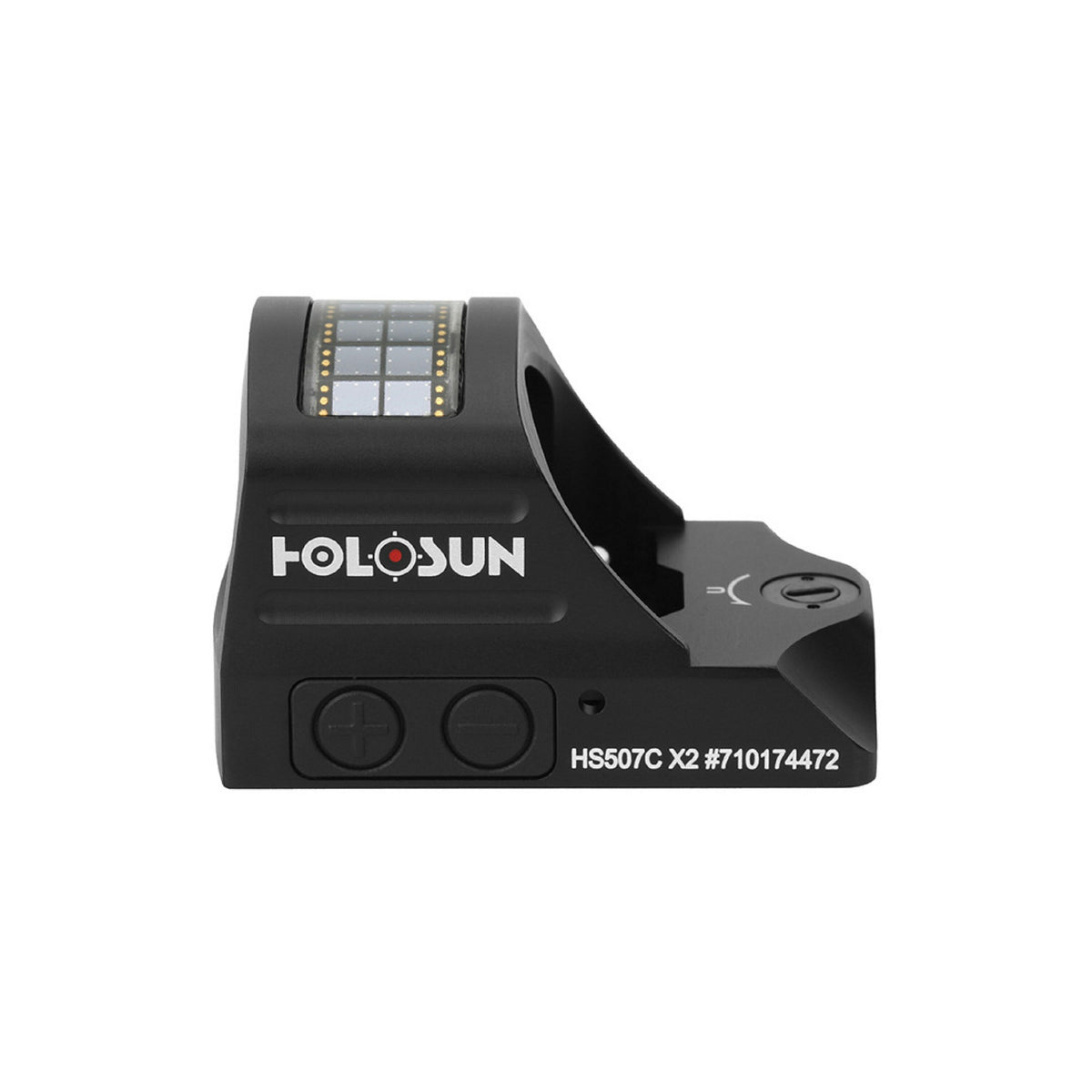 Holosun HS507C X2 red dot sight rear view showing the brightness buttons and solar panel