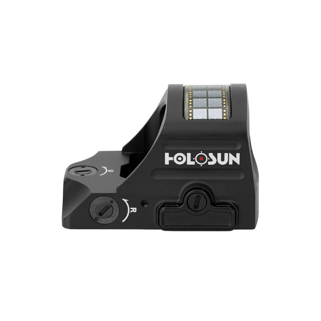 Holosun HS507C X2 red dot sight side view showing the controls and solar panel on a white background