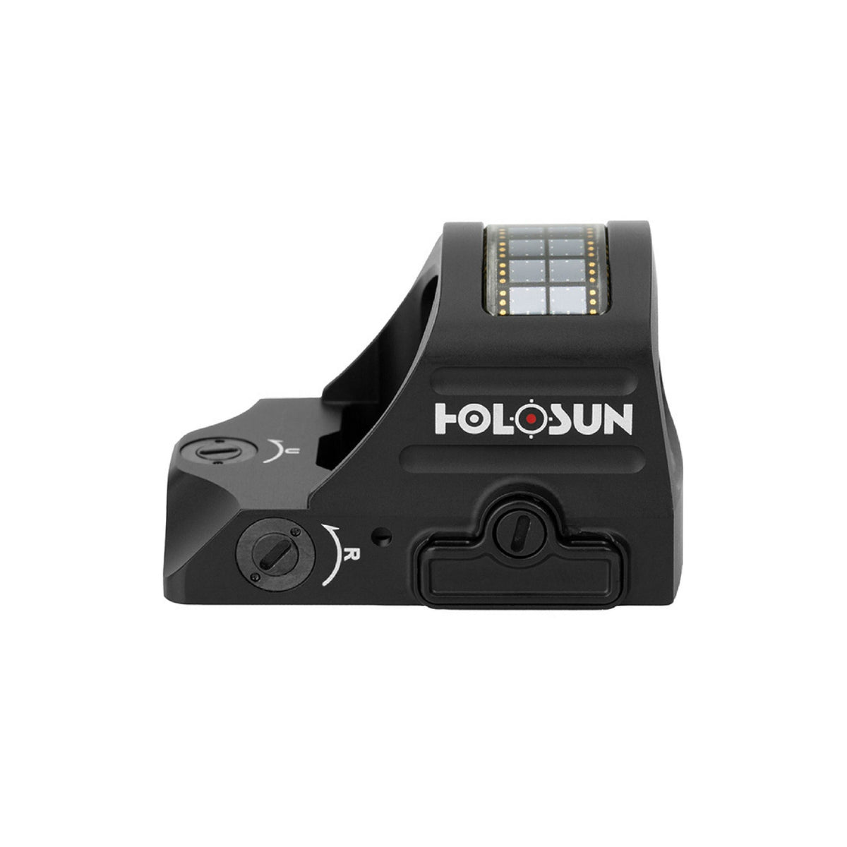 Holosun HS507C X2 red dot sight side view showing the controls and solar panel on a white background