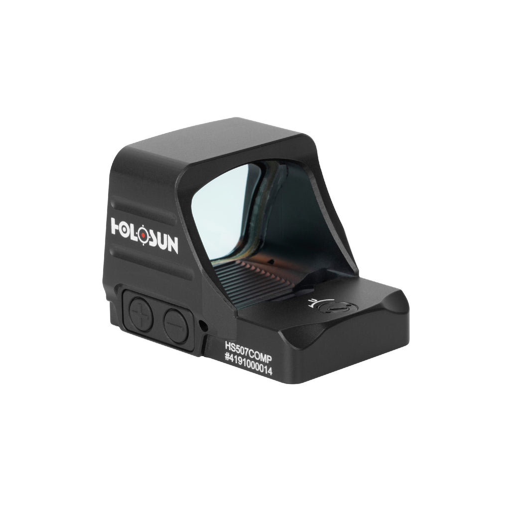 Holosun HS507COMP red dot sight rear three-quarter view showing the brightness buttons and rear of window