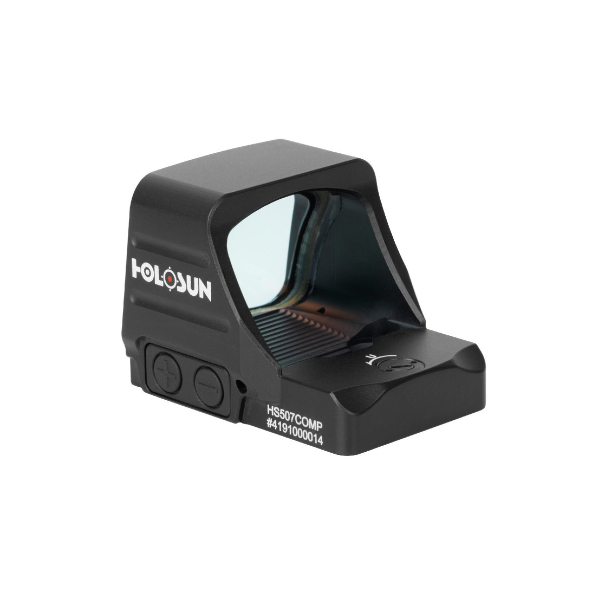 Holosun HS507COMP red dot sight rear three-quarter view showing the brightness buttons and rear of window