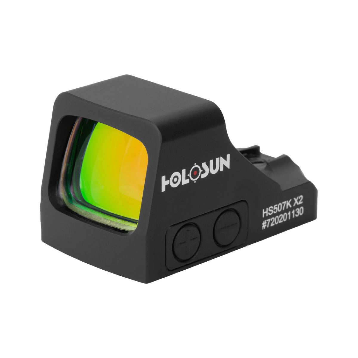 Holosun HS507K X2 red dot sight front three-quarter view from the right showing the multi-coated lens