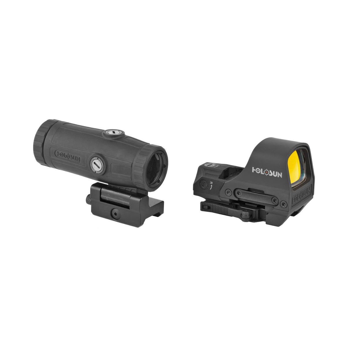 Holosun HS510C red dot sight and HM3X 3x magnifier combo front three-quarter view of both units side by side