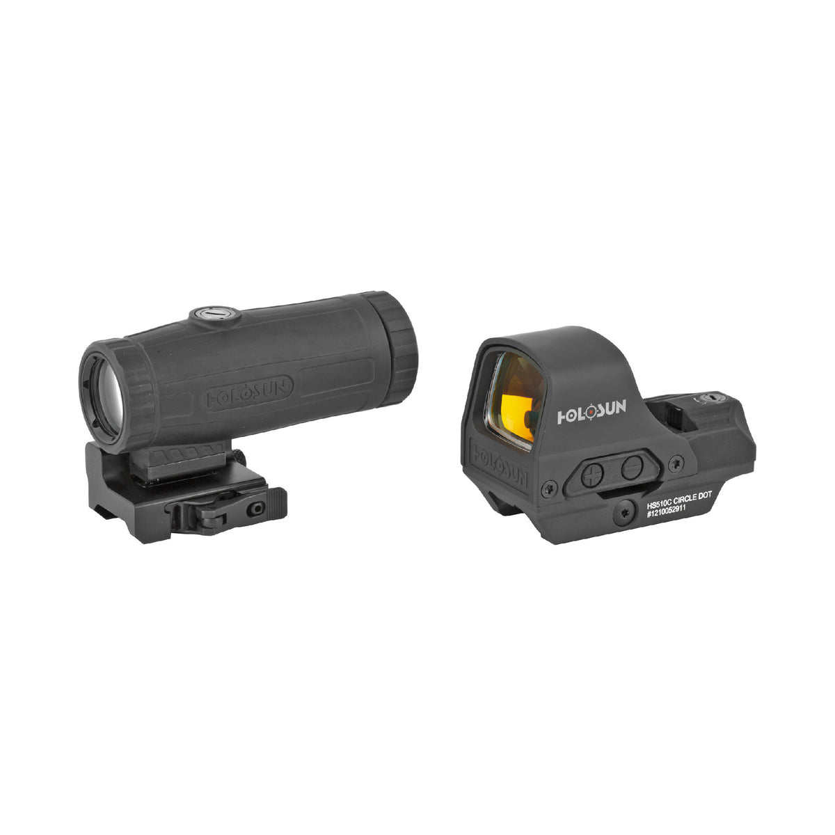 Holosun HS510C red dot sight and HM3X 3x magnifier combo side view of both units side by side