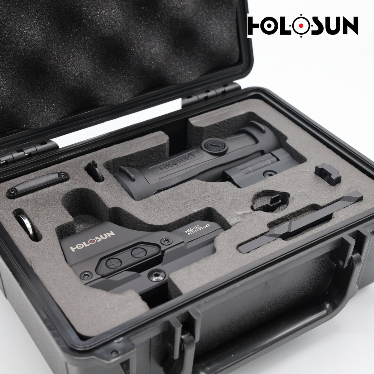 Holosun HS510C red dot sight and HM3X 3x magnifier combo in the Holosun hard case with foam insert