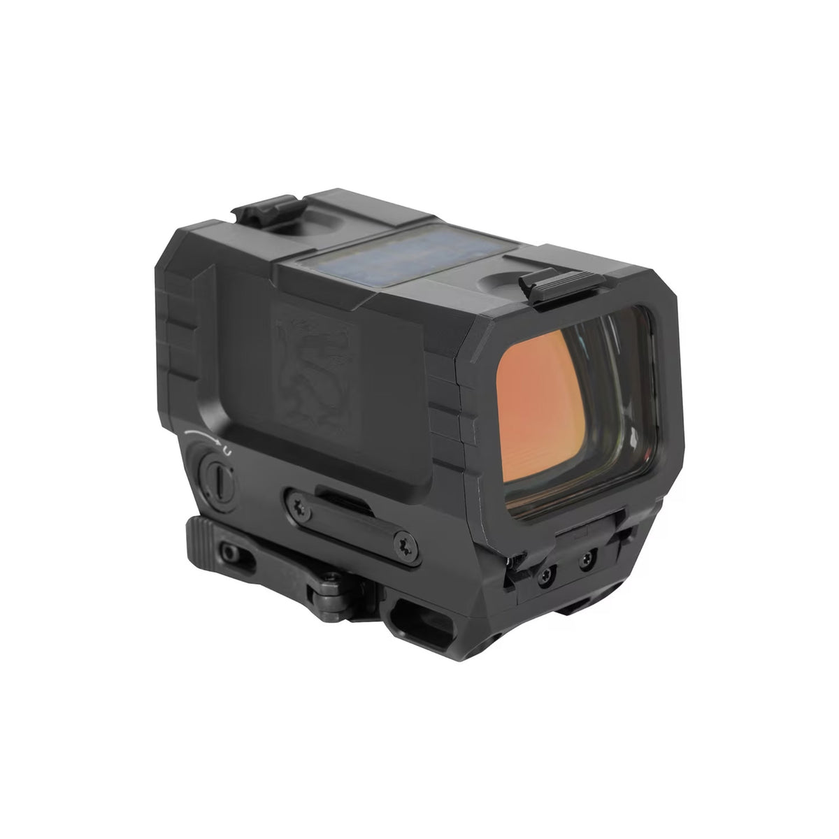 Holosun RONIN AEMS MAX red dot sight front three-quarter view from the left showing the window and mount