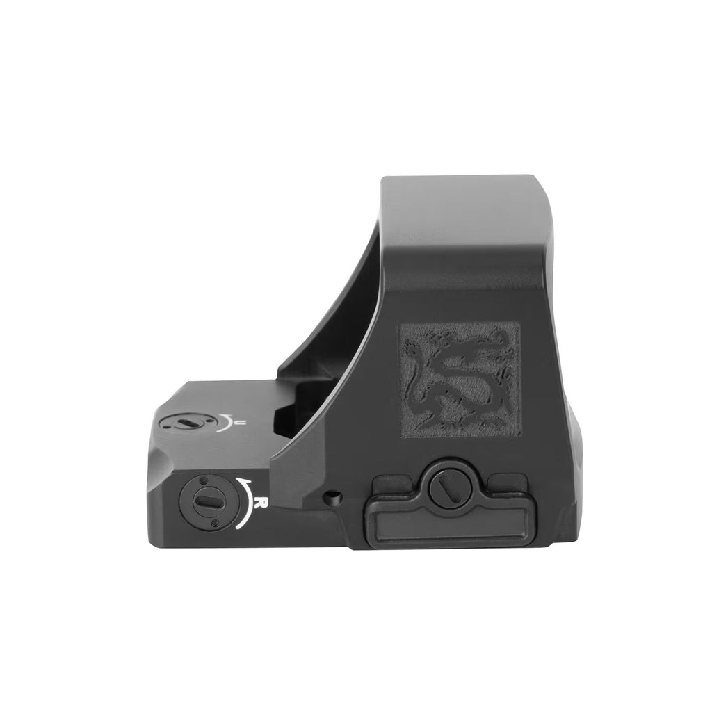 Holosun RONIN HE507COMP-GR green dot sight side view from the left showing the adjustment turret and housing