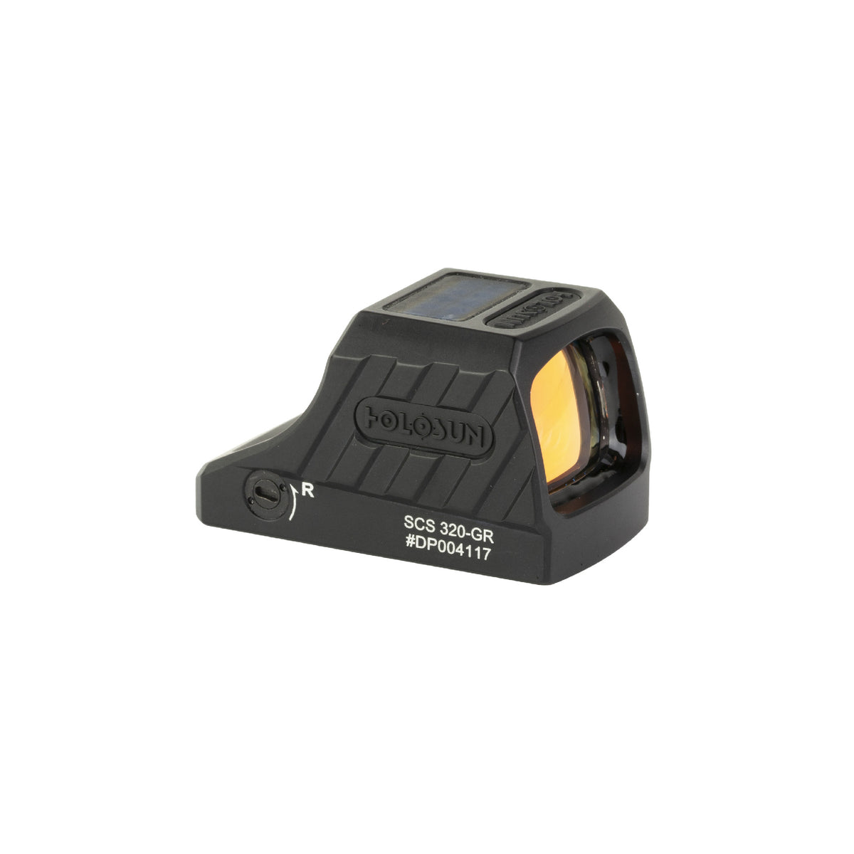 Holosun SCS-320 green dot sight front three-quarter view from the right showing the window and buttons