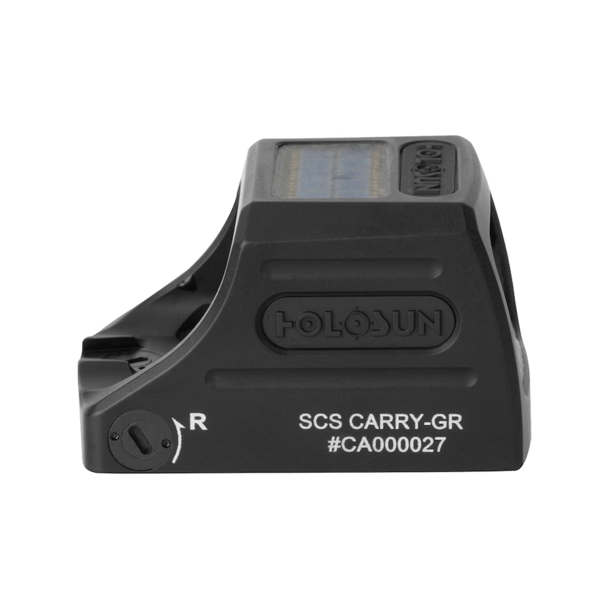Holosun SCS Carry green dot sight rear view showing the brightness buttons and solar panel