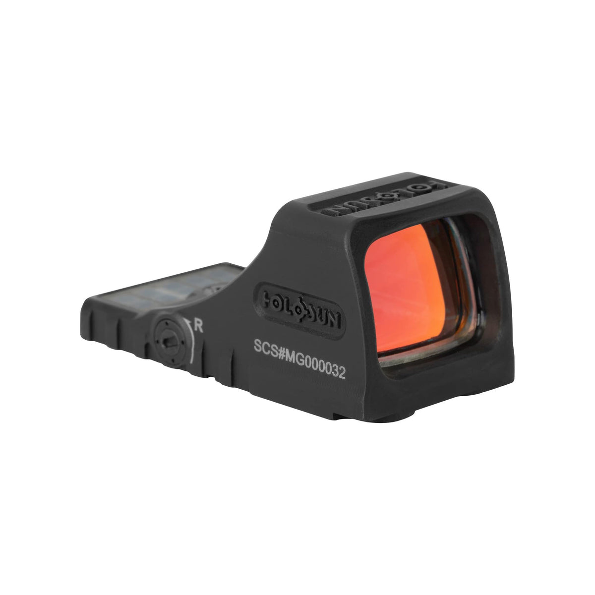 Holosun SCS-MOS green dot sight side view showing the window and red lens coating