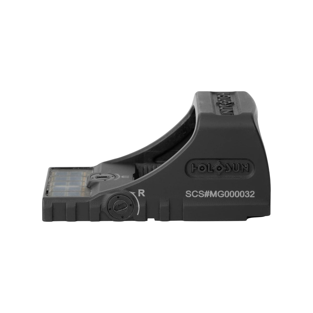 Holosun SCS-MOS green dot sight rear three-quarter view showing the brightness buttons and rear of window