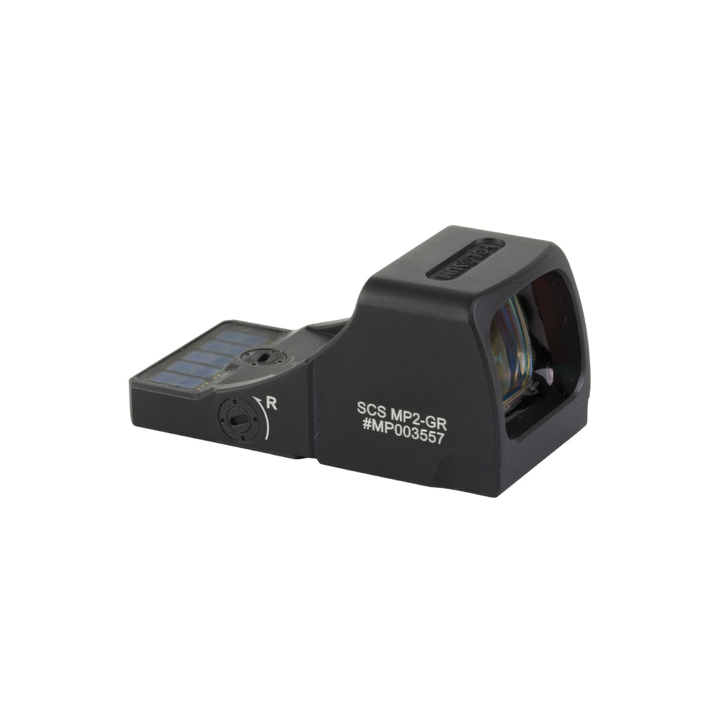 Holosun SCS-MP2 green dot sight rear three-quarter view showing the brightness buttons and rear of window